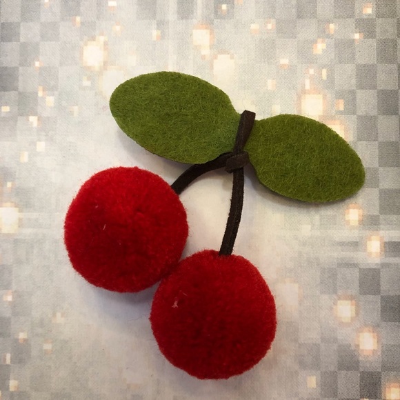 House Of Adornments Accessories - Felt Cherry Pom Pom Hair Clips Barrette Girl Pinup